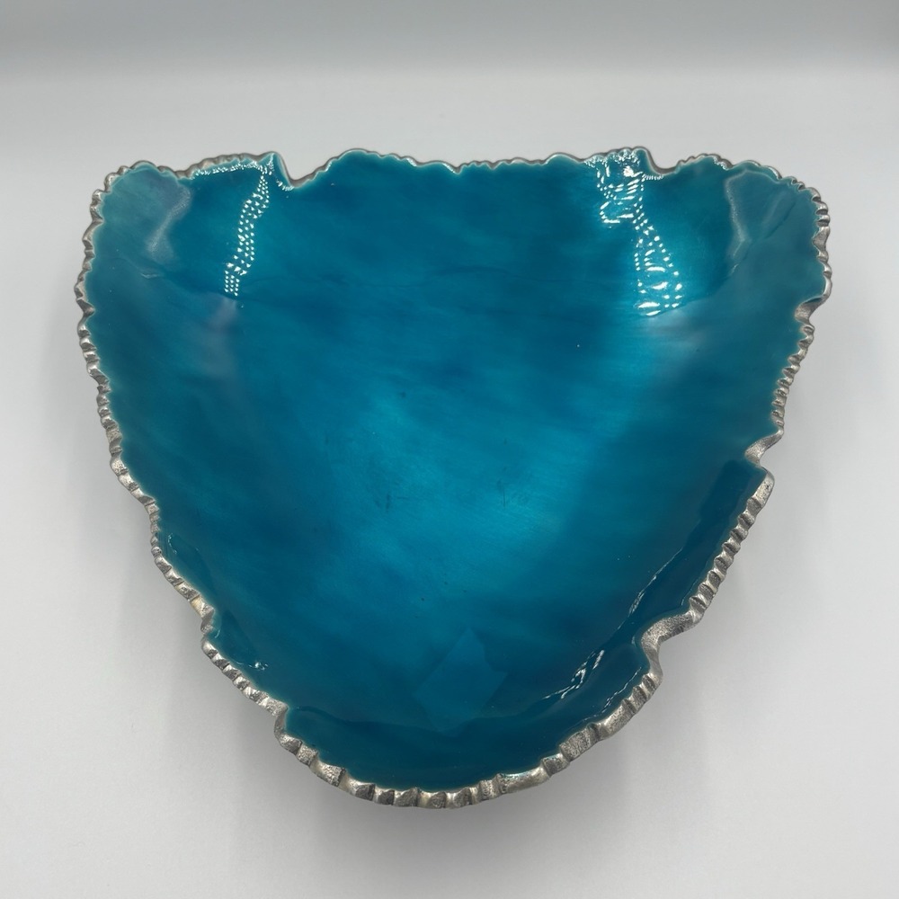 Vintage MCM Blue Enamel‎ Silver Aluminum Triangle Dish With Rigged Edges RETRO